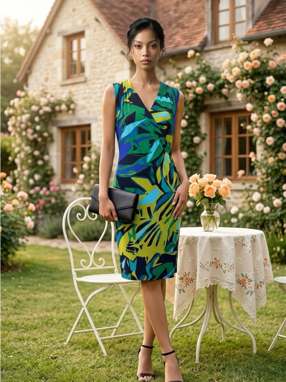 Kasper Sleeveless Green Blue Faux Wrap Sheath Dress, Stretch Tropical